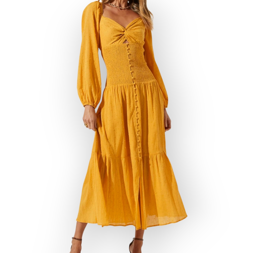 ASTR The Label Mustard Yellow Smocked Midi Dress – Size M